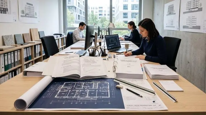 Bureau d'architecte avec rapport géotechnique G2 AVP ouvert et documents de consultation en préparation