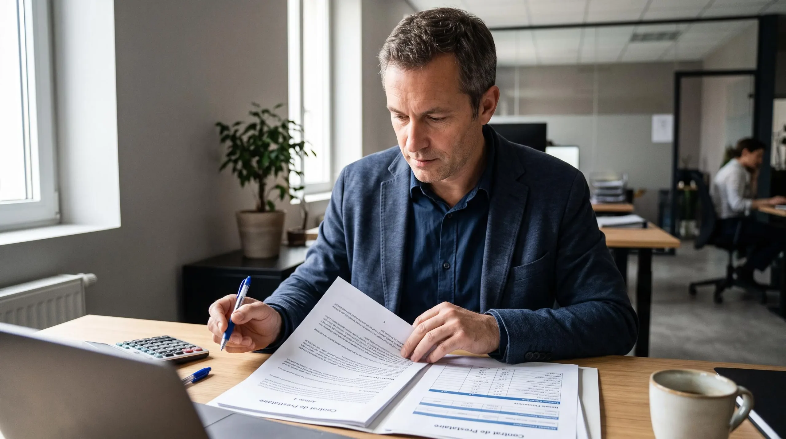 Responsable d'entreprise examinant des documents contractuels sur son bureau professionnel avec tableaux tarifaires et calculatrice