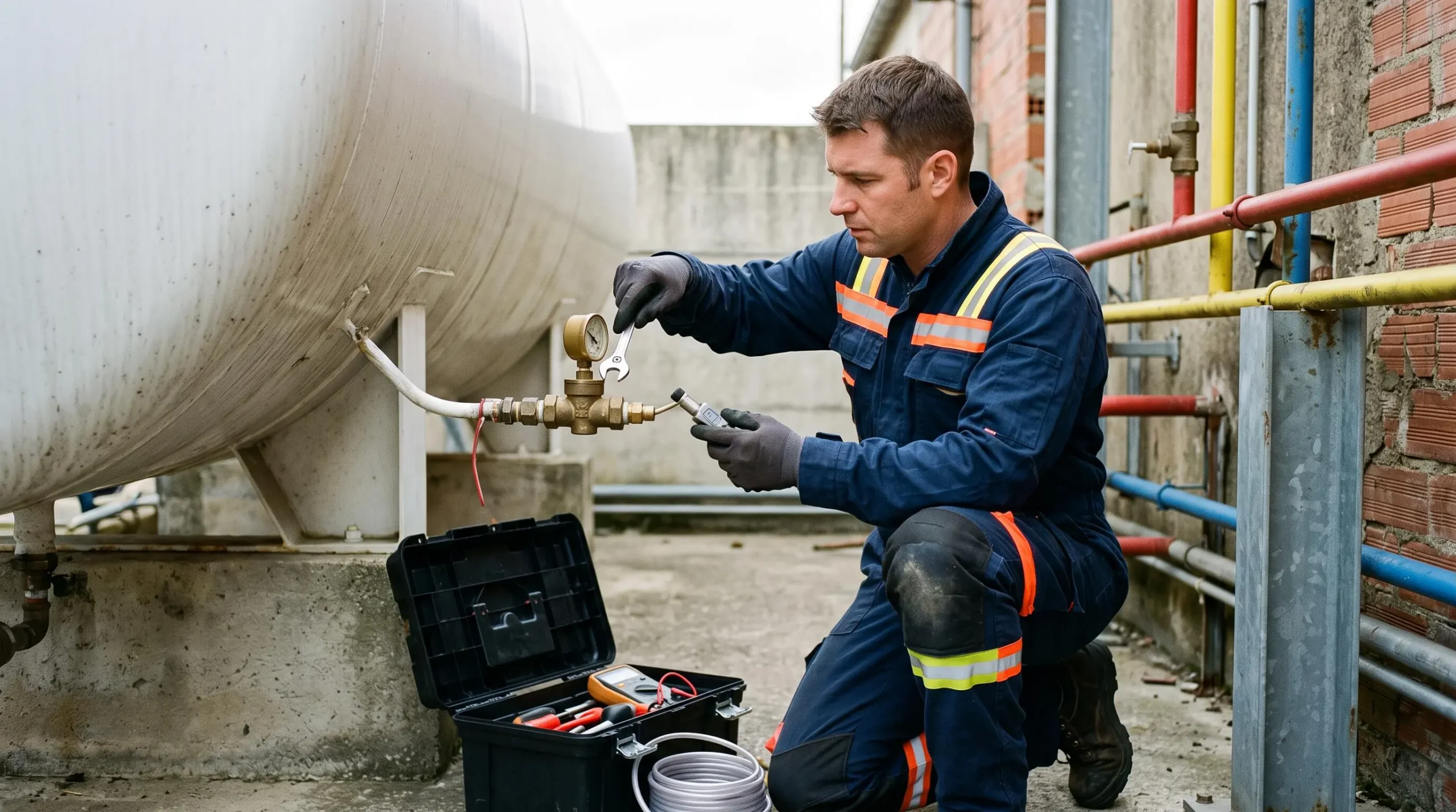 Technicien en tenue professionnelle effectuant un contrôle de maintenance sur la robinetterie d'une installation propane avec outils spécialisés