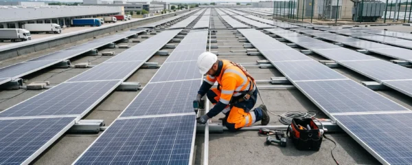 Installateur photovoltaïque fixant un panneau solaire sur la toiture plate d'un entrepôt logistique en France, avec un parc de panneaux déjà en place.